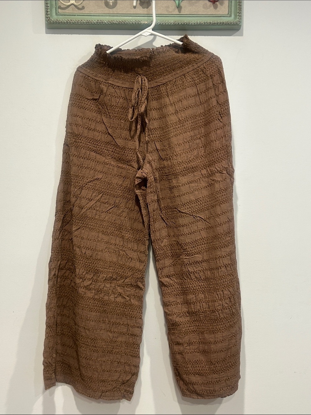 Ces Femme Brown Wide Leg Textured weave Drawstring pull on Pants medium